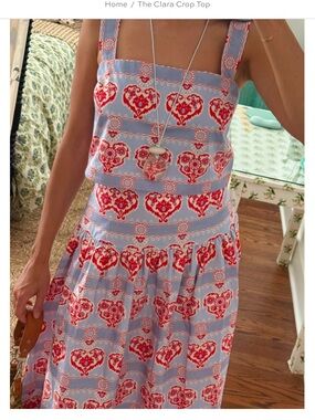 NWT Hill House Clara Crop Top -  Blue and Red Heart Print (Poppy Damask Stripe)